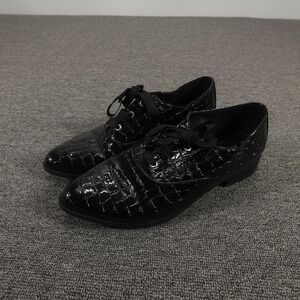 Aldo Flat Shoes Womens Size 7.5 Black Croc Embossed Patent Lace Up Dress Oxford